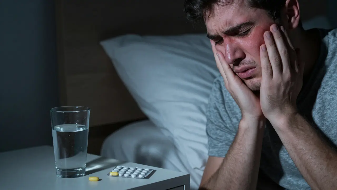 Osoba trpící bolestí zubů v noci s otokem tváře a domácími opatřeními.