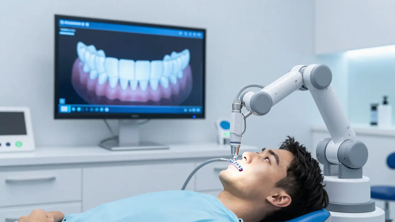 Patient receiving robotic orthodontic treatment with digital animation showing tooth movement.