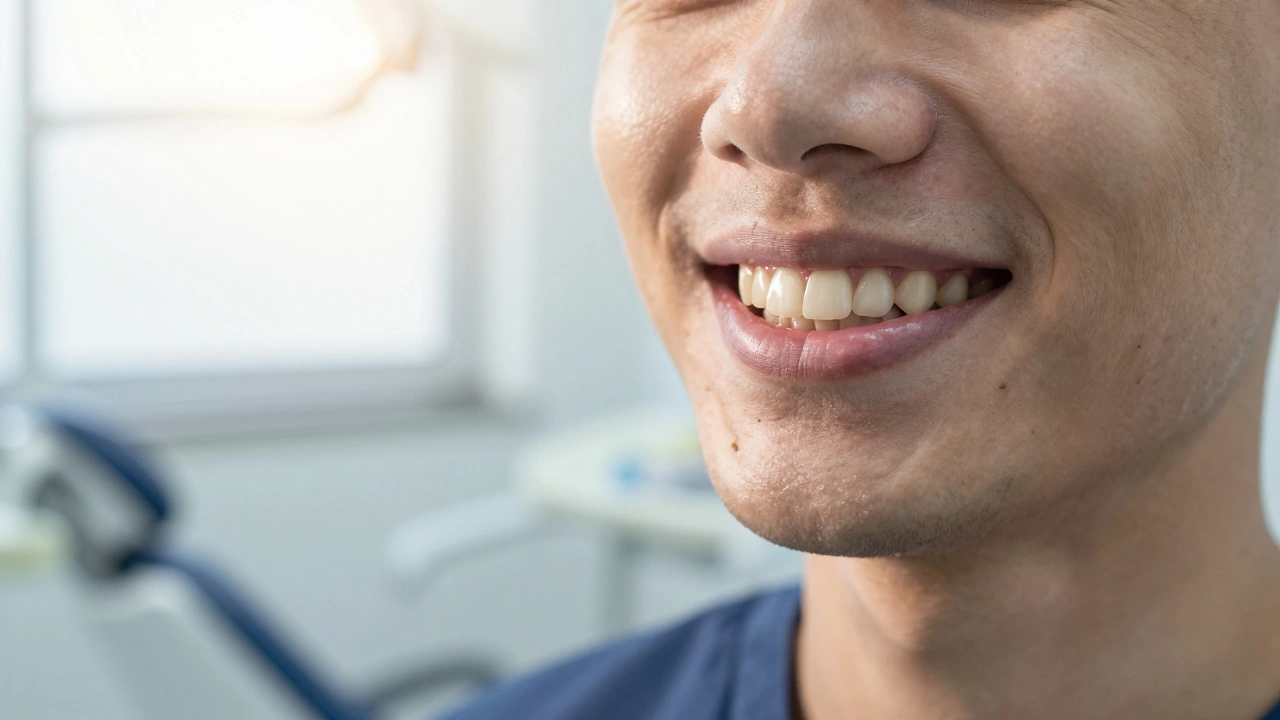 Patient smiling with a natural ceramic crown on a dental implant, surrounded by healthy gums.