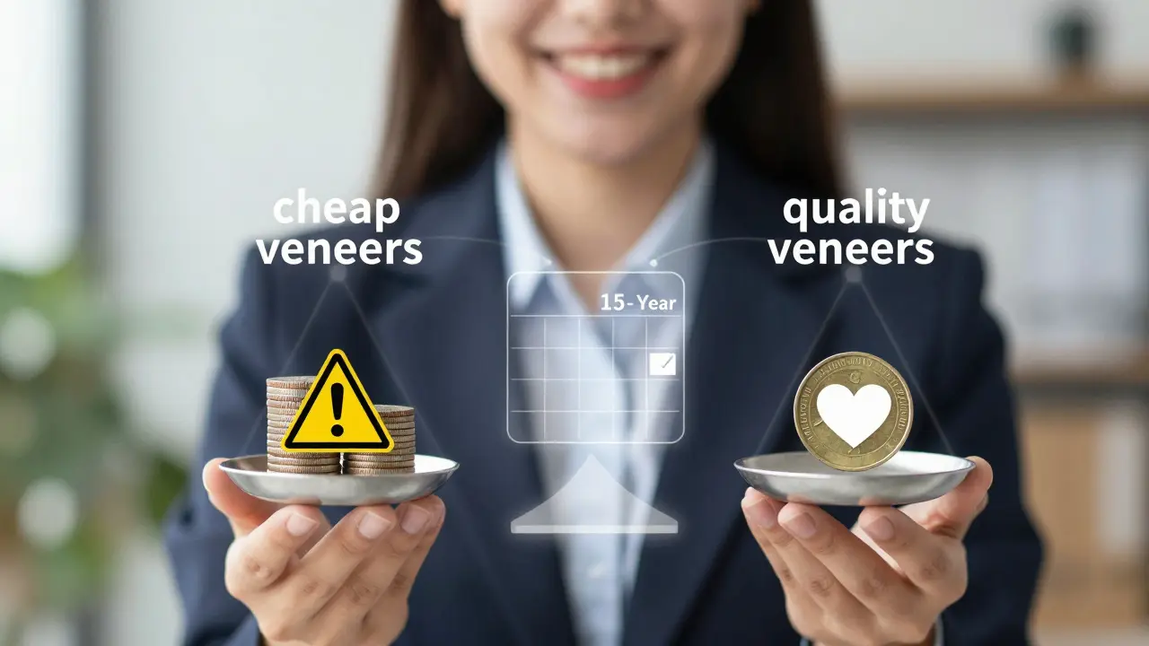 Person smiling confidently with financial scale showing long-term value of quality veneers.