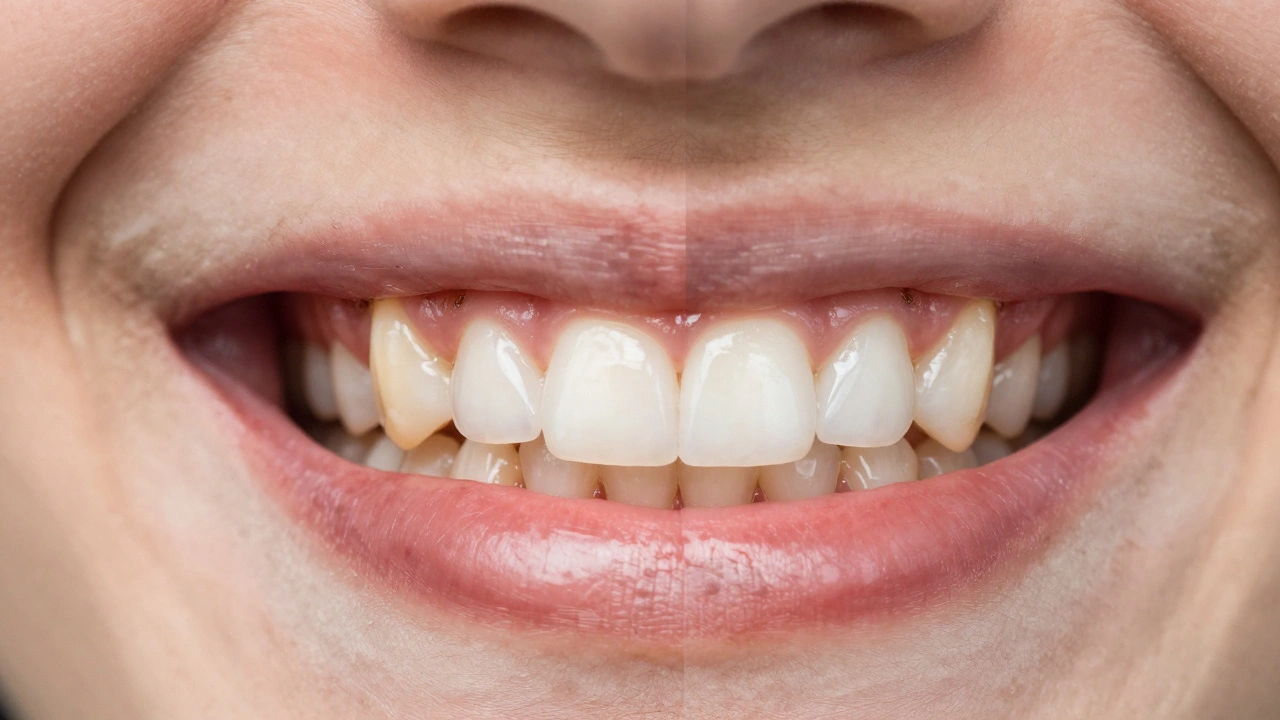 Porovnání zubů před a po profesionálním čištění s viditelným zubním kamenem.