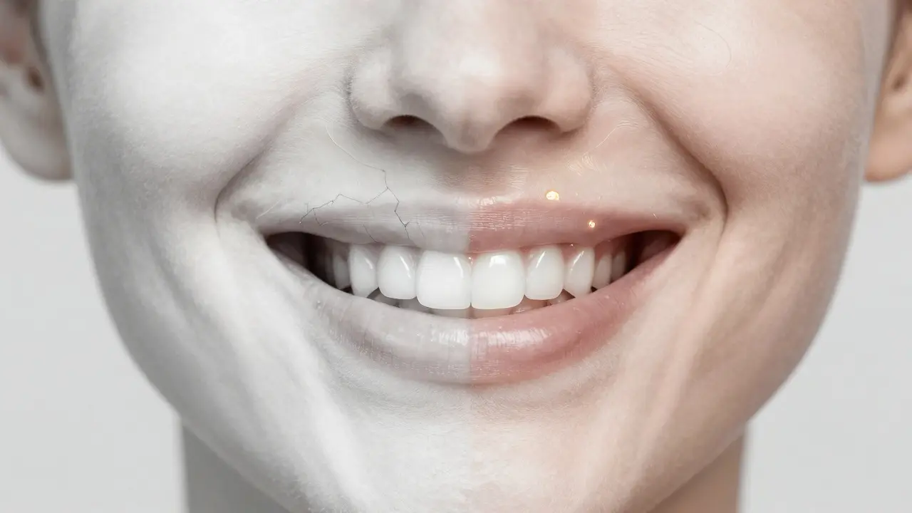 Postupné bělení úsměvu: jedna strana zdravá, druhá poškozená příliš častým používáním.