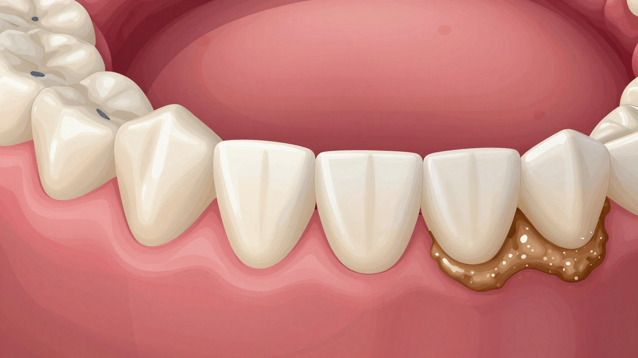 Postupný vývoj plaku na zubech až do tvrdého zubního kamene s inflamací dásní.