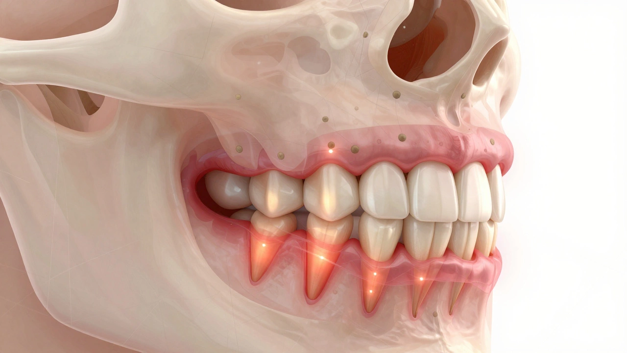 Přehledový náčrt čelisti s viditelným zánětem v periodontálním aparátu.