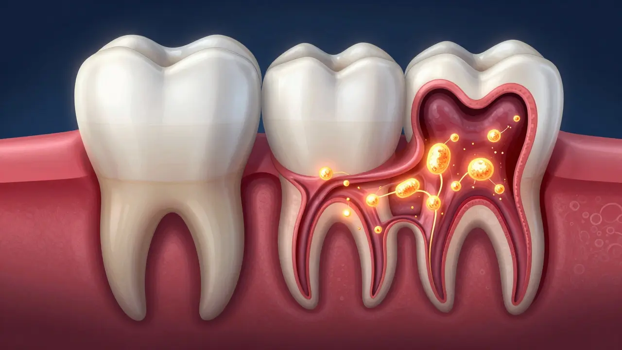 Průřez zubem ukazující postupující zánět pulpy a bakterie.