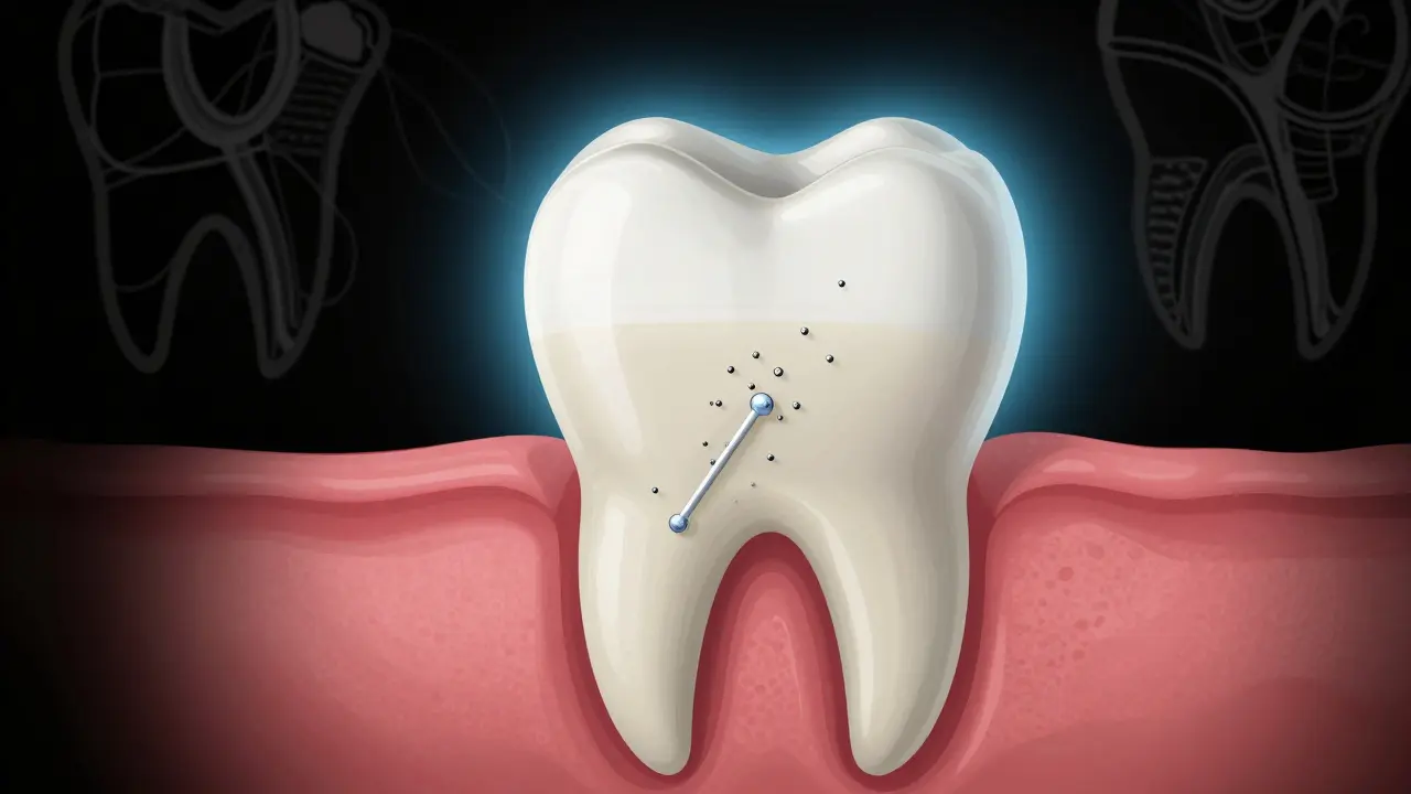 Průřez zubu s ukázkou obnovy sklovinky mikročásticemi hydroxyapatitu.