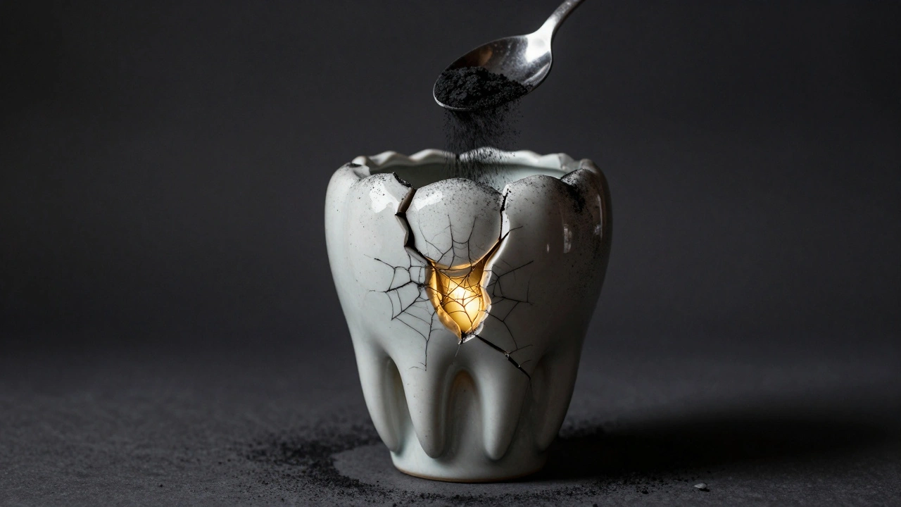 Rozlomená váza symbolizující poškozené zuby s odhaleným žlutým nitrem.