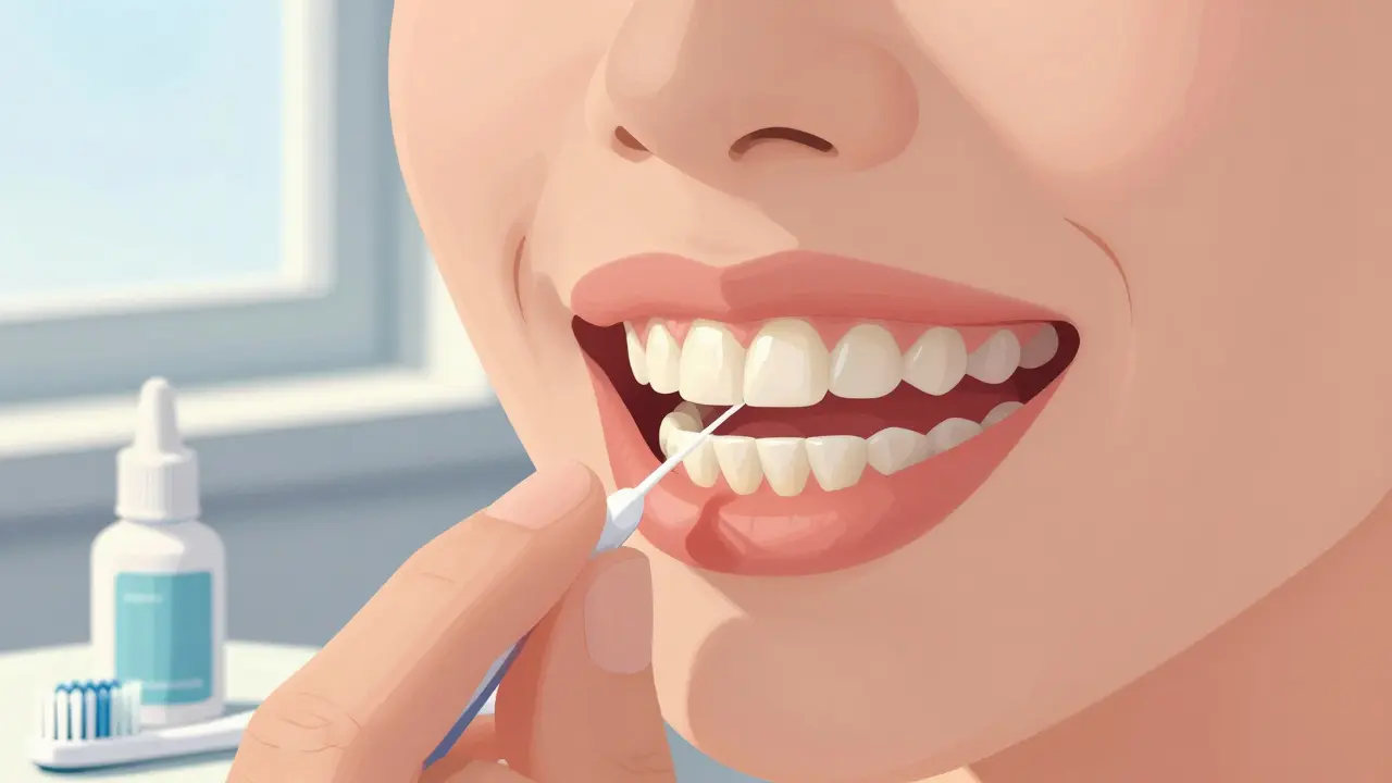 Ruka jemně používá zubní nit pod fazetami při čištění.