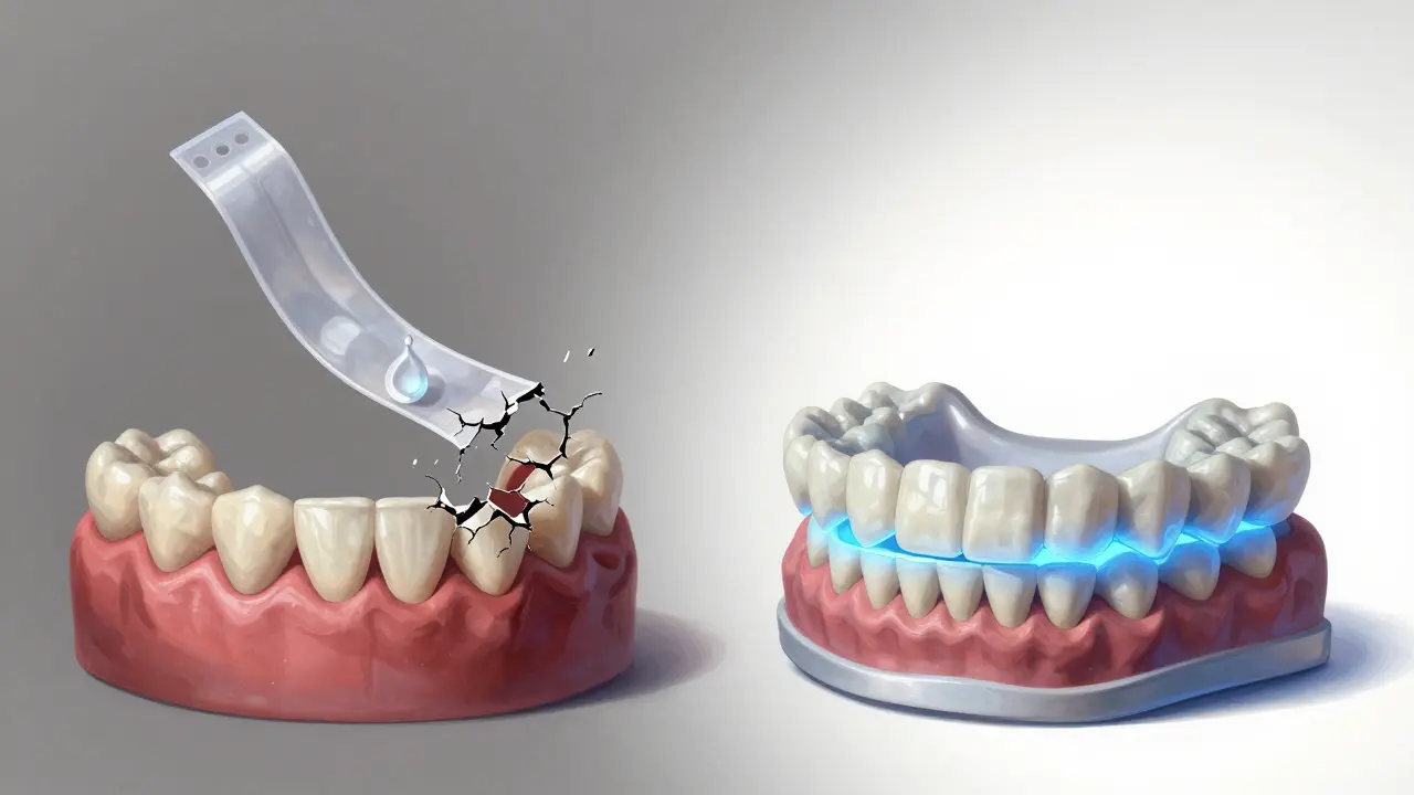 Symbolický obraz porušené sklovinky proti zdravému zubu osvětlenému laserem – metafora DIY vs. odborné bělení.