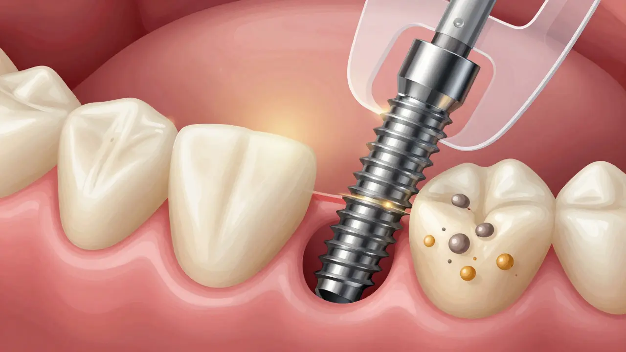 Titanium dental implant integrating with jawbone during surgery