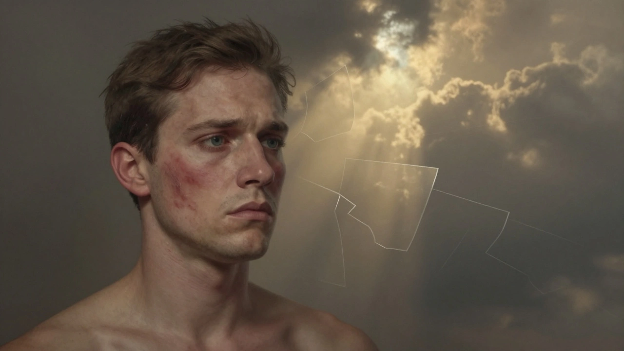 Umělecké znázornění fyzického a emocionálního hojení pacienta po operaci obličeje.