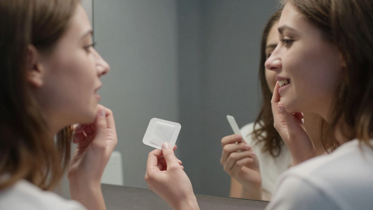 Žena v zrcadle s nejednotně bělými zuby a bělicí páskou v ruce