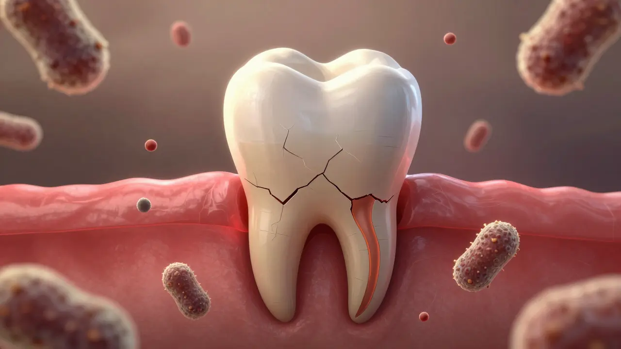 Zub s odhaleným kořenem a mikrotrhlinami, obklopený bakteriemi a zánětem.