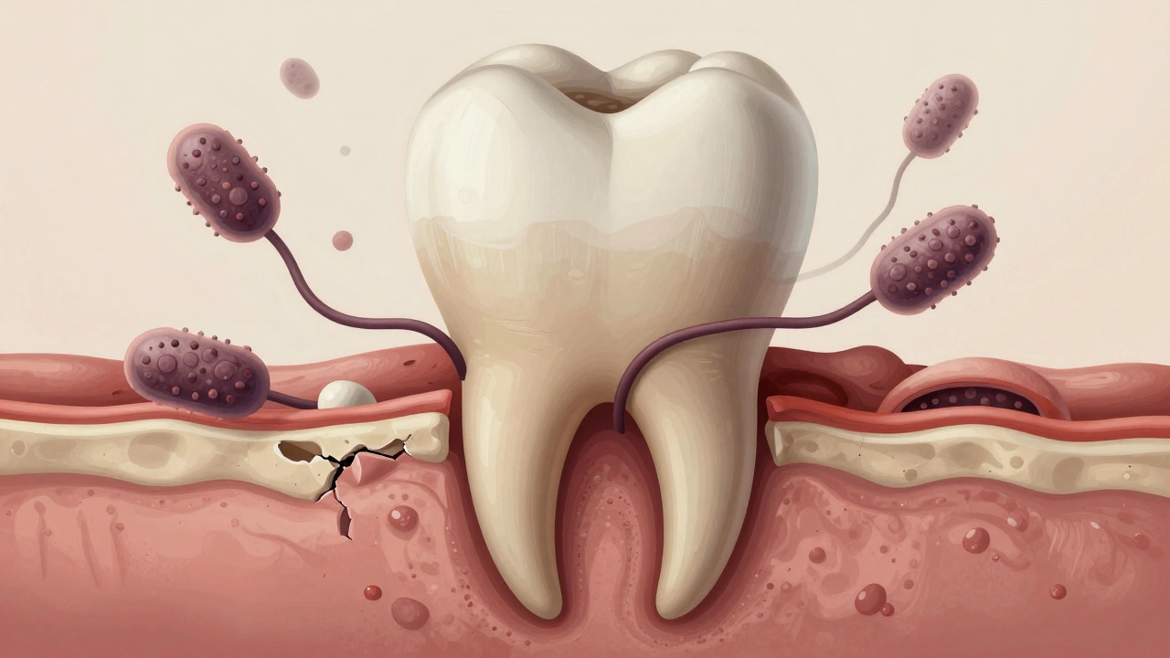Zubní kořen s postupnou ztrátou kosti a šířením bakterií do krve