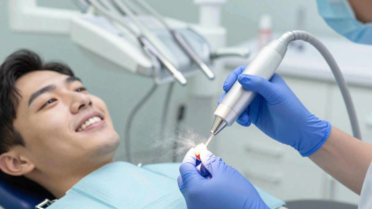 Zubní lékař čistí fázety profesionálním zařízením Air Flow v klinice.