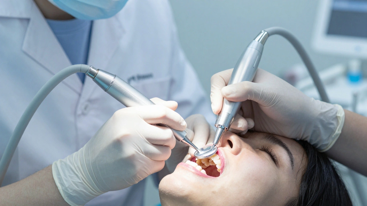 Zubní lékař odstraňuje kámen pod dásní ultrazvukovým nástrojem