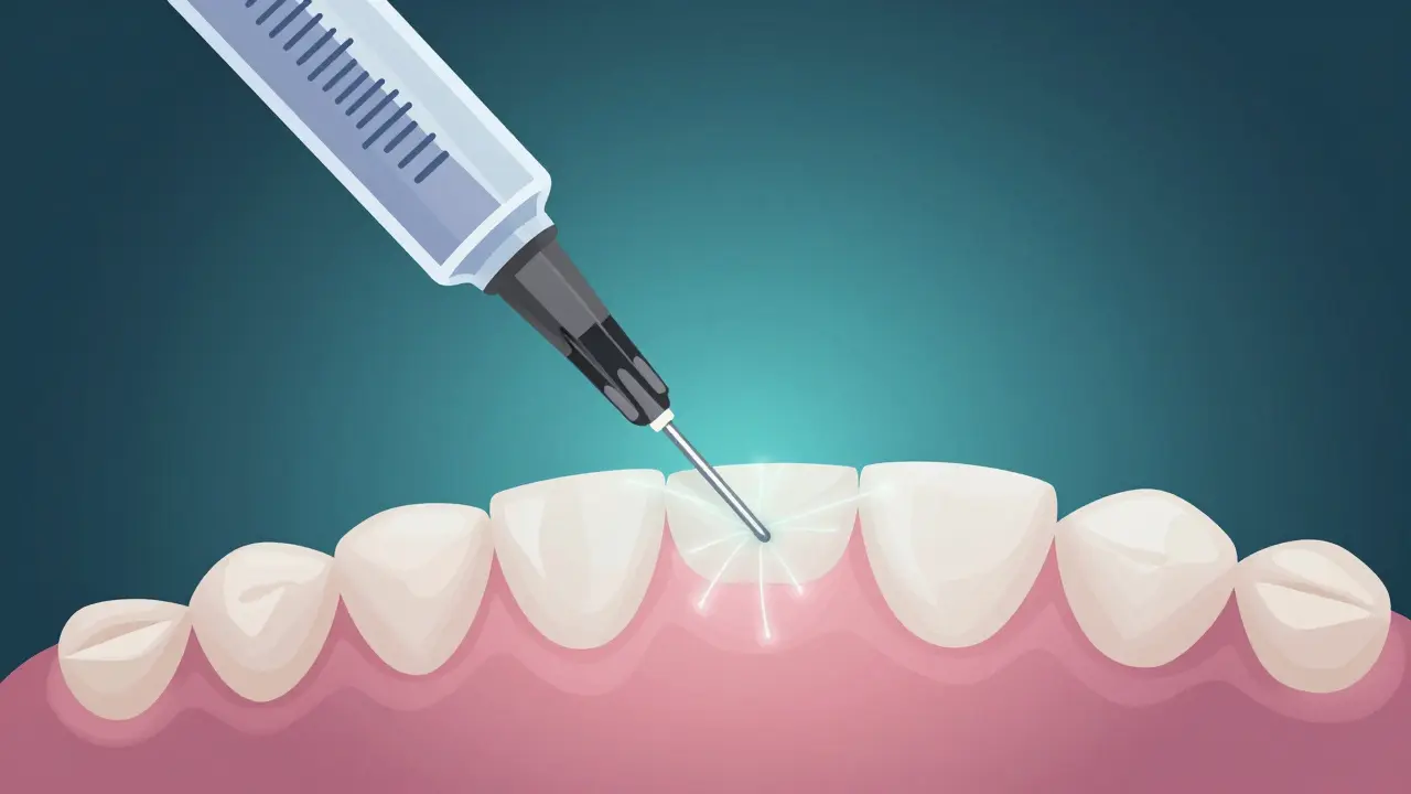 Close-up of dental needle entering gum with subtle anesthetic glow beneath the surface.