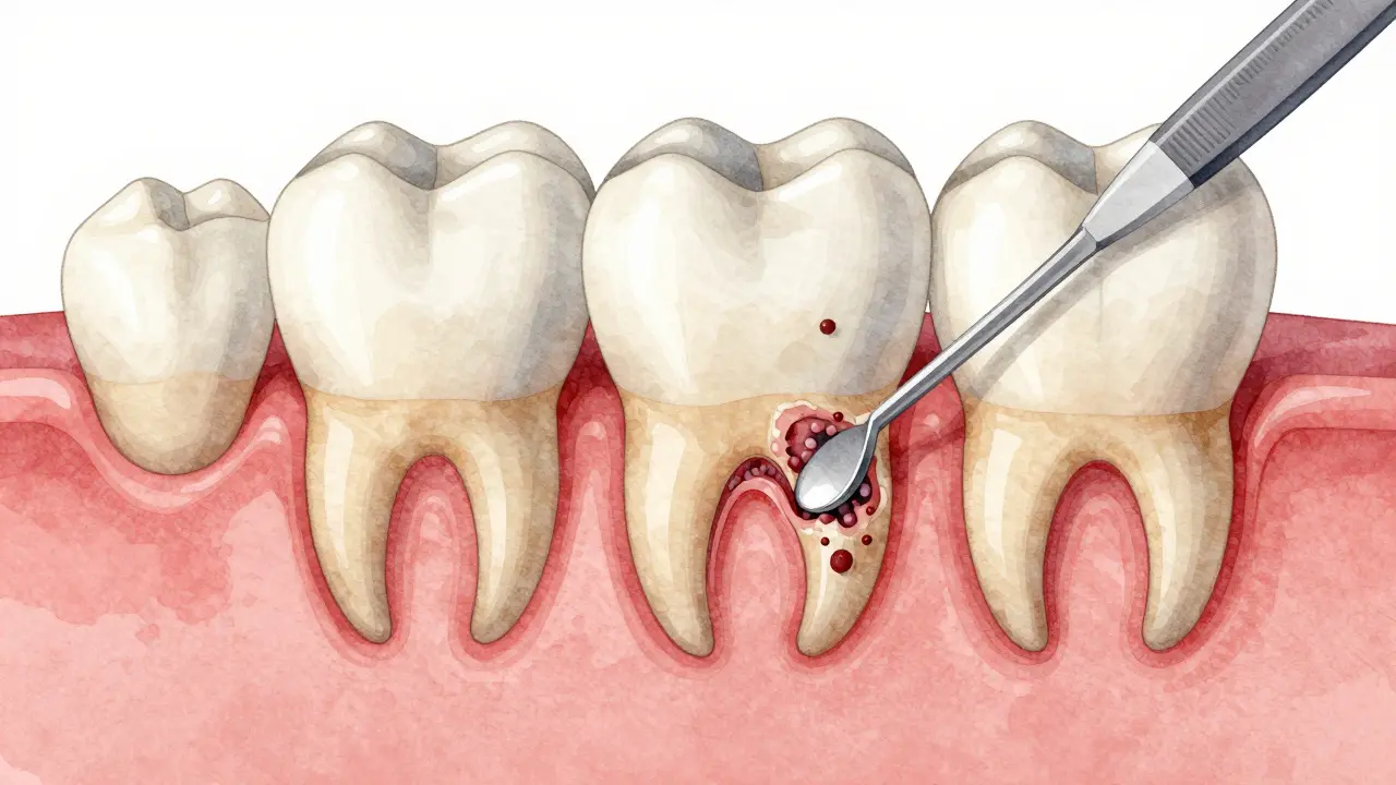 Cross-section of tooth and gum showing infected pockets being cleaned by a curette.