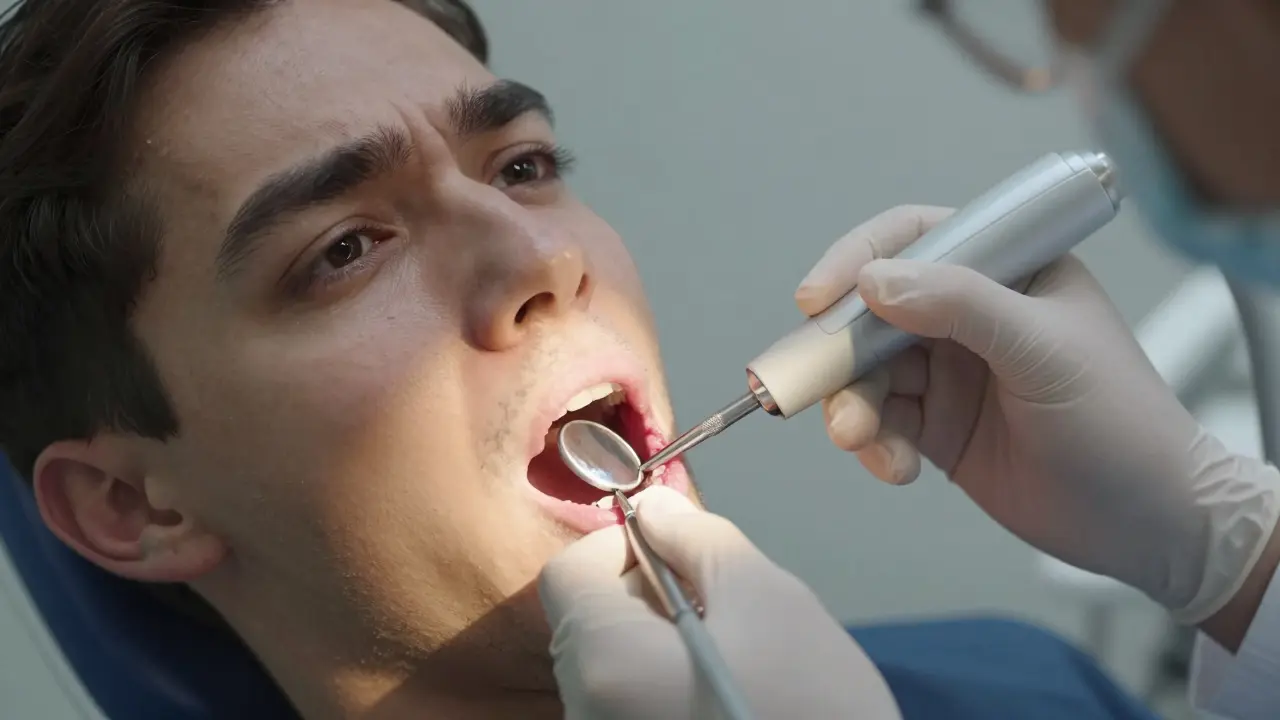 Dentista odstraňuje zubní kámen pomocí ultrazvukového přístroje