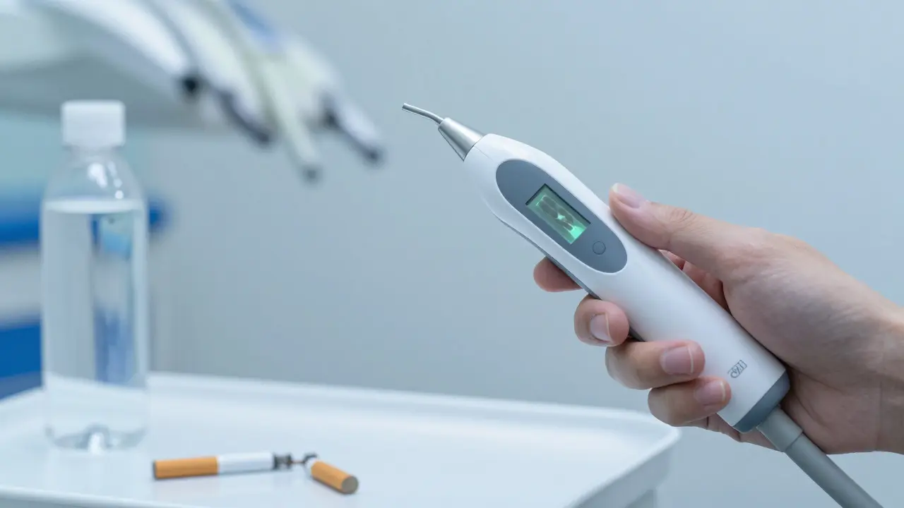 Dentistický laser skenuje zuby, odhaluje skrytý kaz, vedle leží cigaretka a láhev vody.