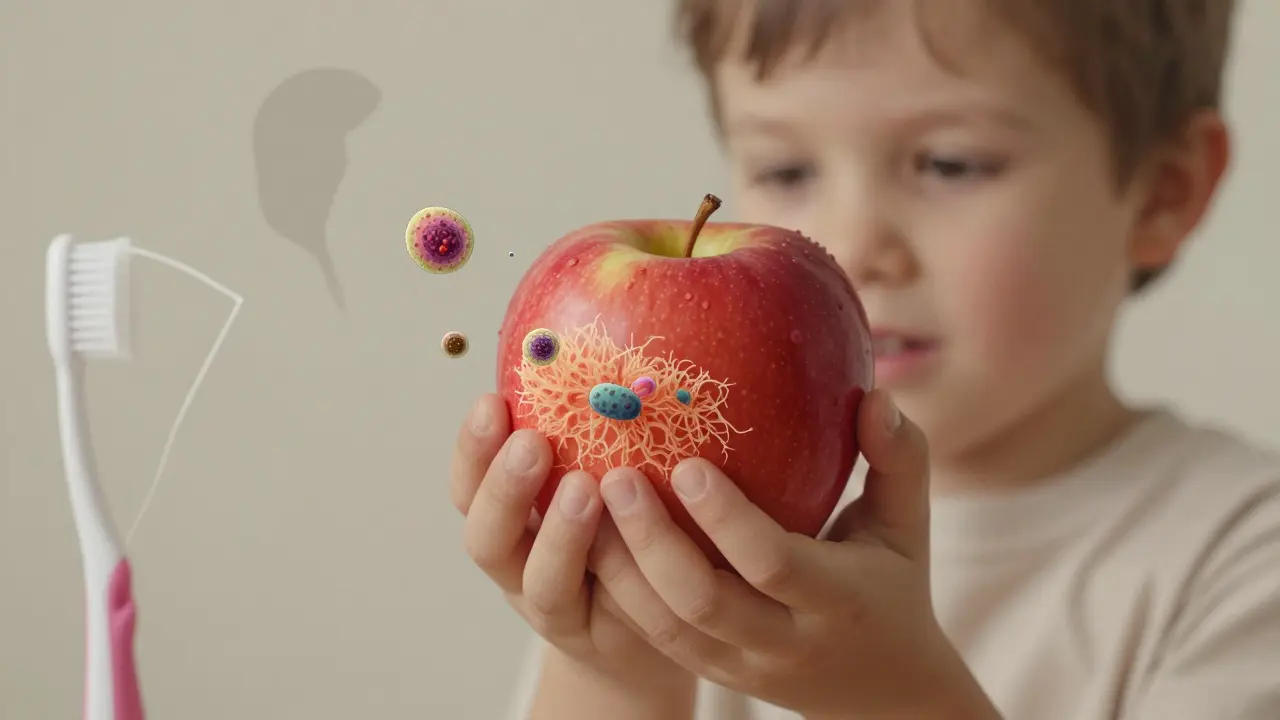 Dítě drží jablko, které mechanicky odstraňuje plak ze zubů, v pozadí kartáček a nit.