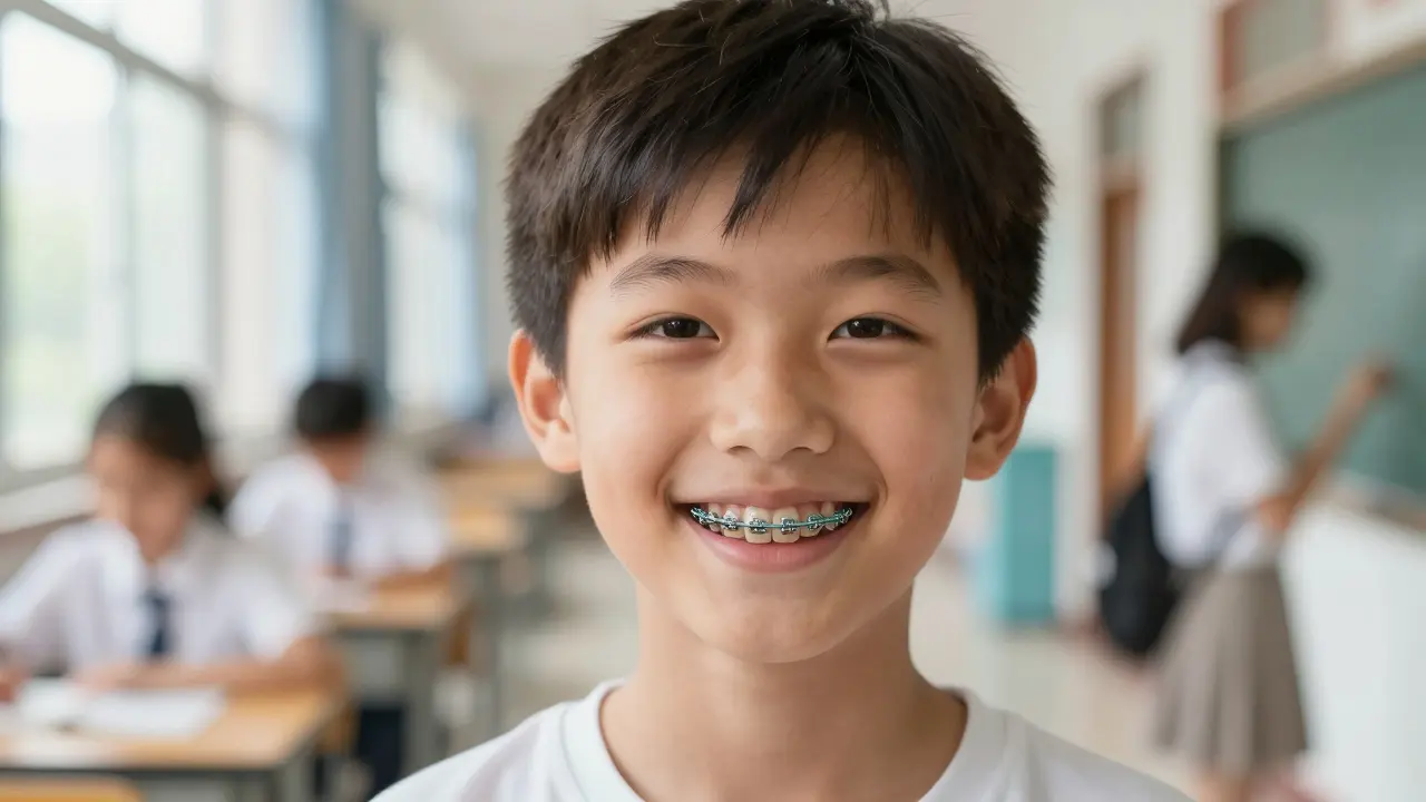 Dítě s plnými zubními rovnátky se usmívá ve školní chodbě, viditelné gumičky mezi zuby.