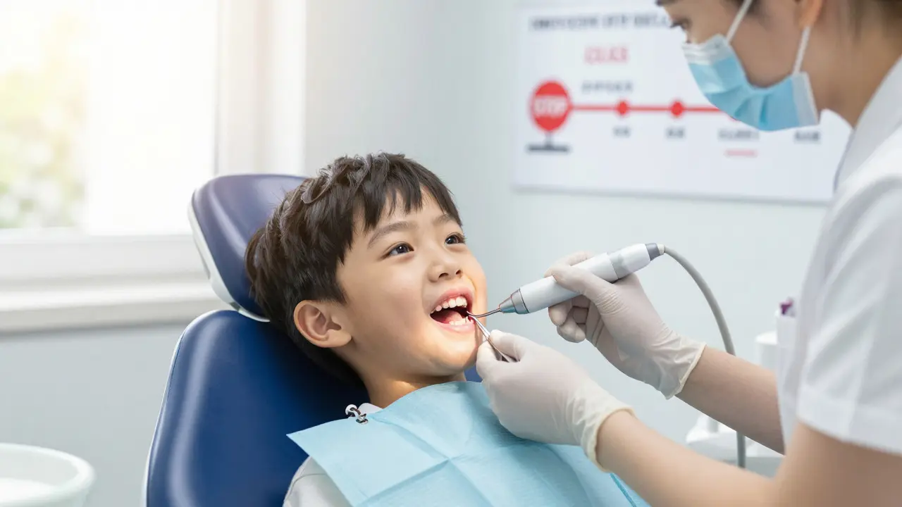 Dítě u zubaře, kde odborník odstraňuje zubní kámen ultrazvukovým čističem při klidném osvětlení.