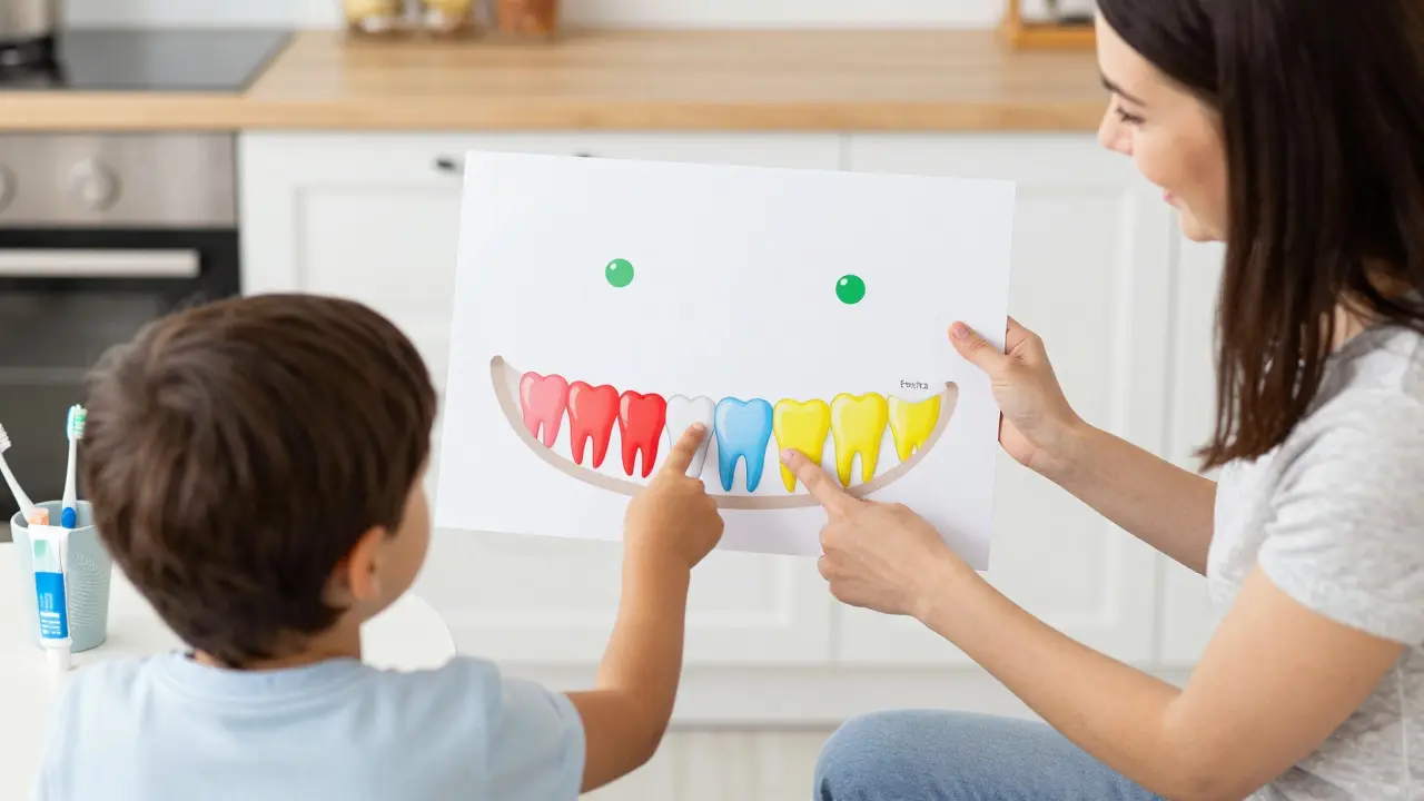 Dítě ukazuje na barevnou tabulku zubů s rodičem v kuchyni.