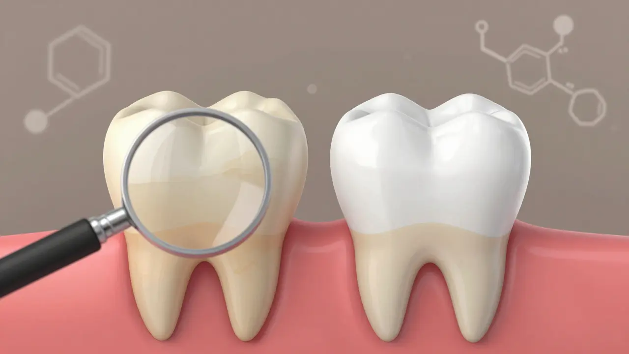 Dva zuby v zvětšení: jeden žlutý, druhý bělý po bělení.
