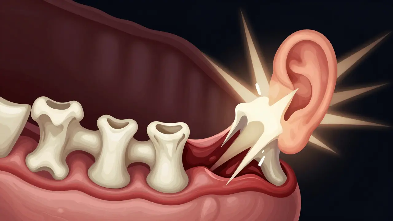 Dvě části: zdravá krevní sraženina v dásni a rozpadlá sraženina s vystavenou kostí.