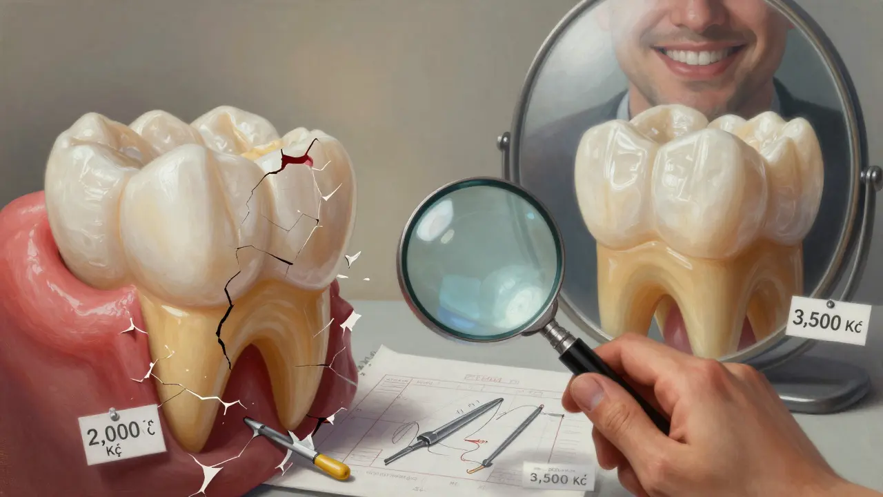 Dvě cesty opravy zubu: levná chybná vs. kvalitní trvalá.