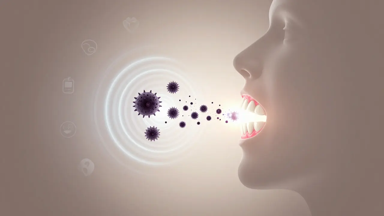 Koncepční obrázek zdravého ústního prostředí s ultrazvukovými vlnami odstraňujícími bakterie.