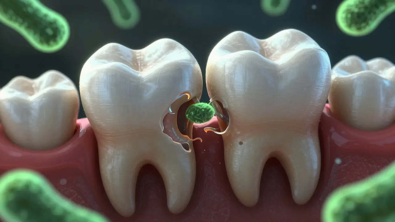 Mikroskopický pohled na bakterie a kaz mezi zubem moudrosti a sousedním molárem.