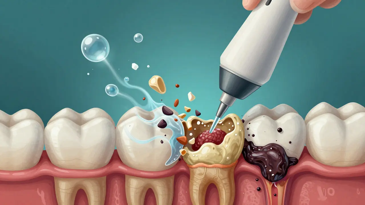 Mikroskopický pohled na rozpad zubního kamene pod účinkem ultrazvukových vln.