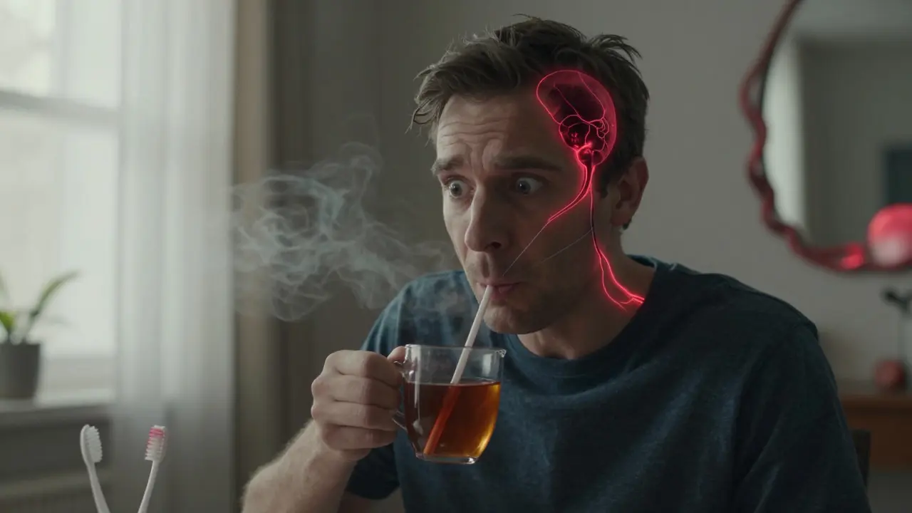 Muž pije čaj opatrně, tvář napjatá, skrytá bolest v hlavě.