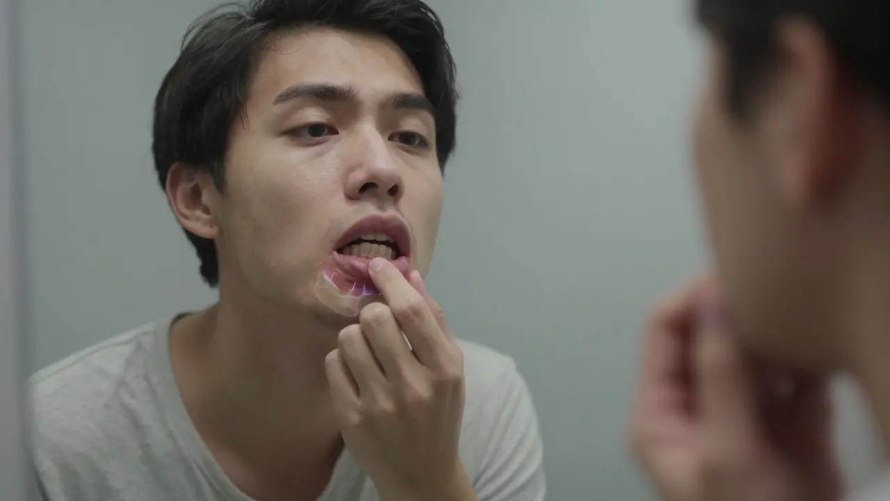 Osoba si v zrcadle všimne stahujících se dásní a hýbajícího se zubu.