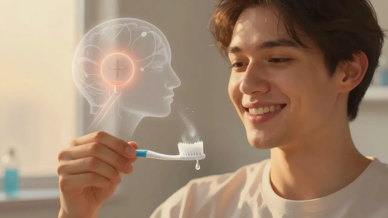 Patient smiling with calming visual elements representing pain-free dental care.