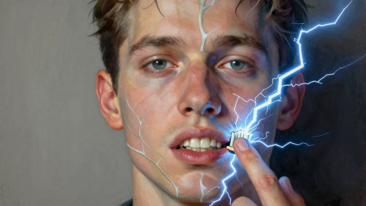 Polovina obličeje je zdravá, druhá vystřeluje elektrické blesky podél nervů.