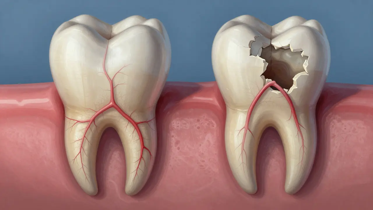 Porovnání zdravého kořene s resorpcí kosti po ztrátě zubu – ztráta struktury čelisti.