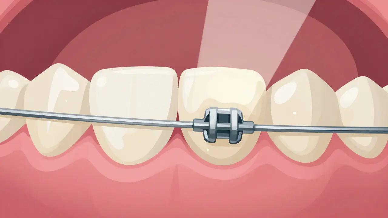 Poškozený zub s karies a vystupujícím drátem z rovnátek, zánětlivá dásň.