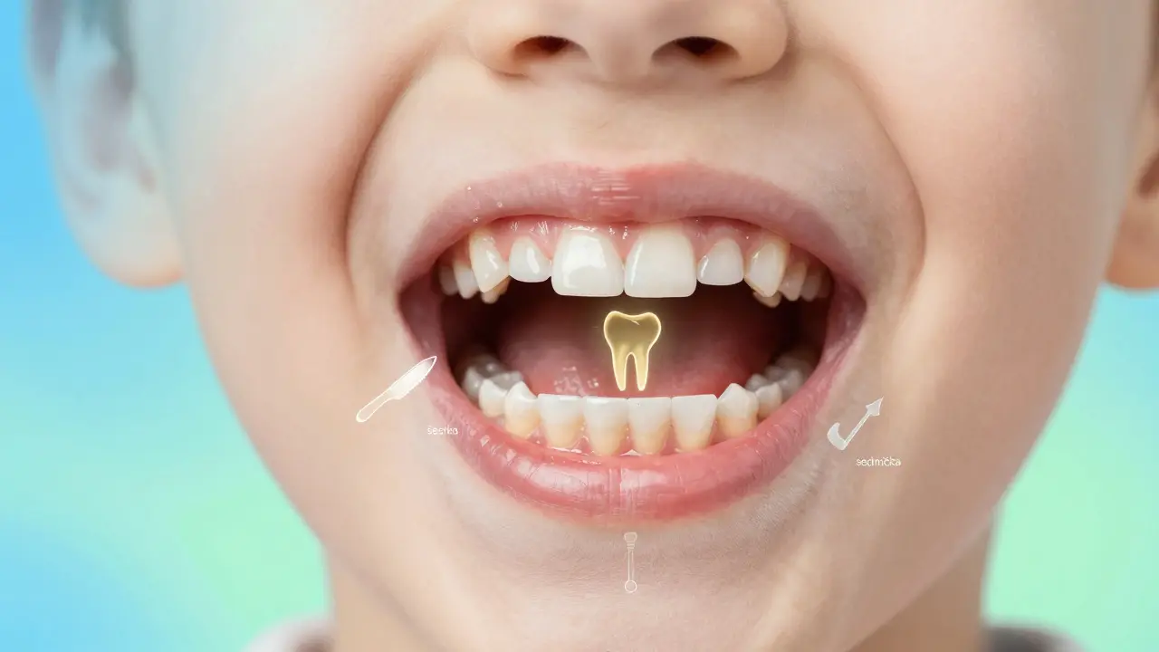 Přehled vnitřních zubů dítěte s novými trvalými moláry rostoucími za mléčnými.