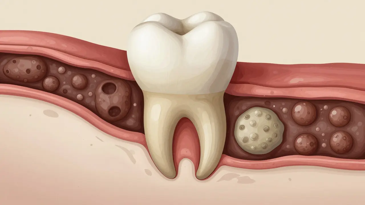Příčný řez čelistí s kalcifikovaným plakem a erozí kosti