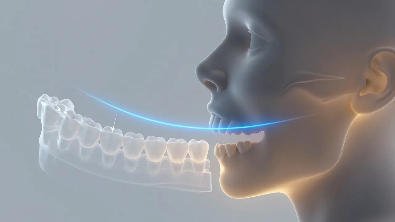 Průřez dětské a dospělé čelisti s grafickými šipkami ukazujícími pohyb zubů při ortodontické léčbě.