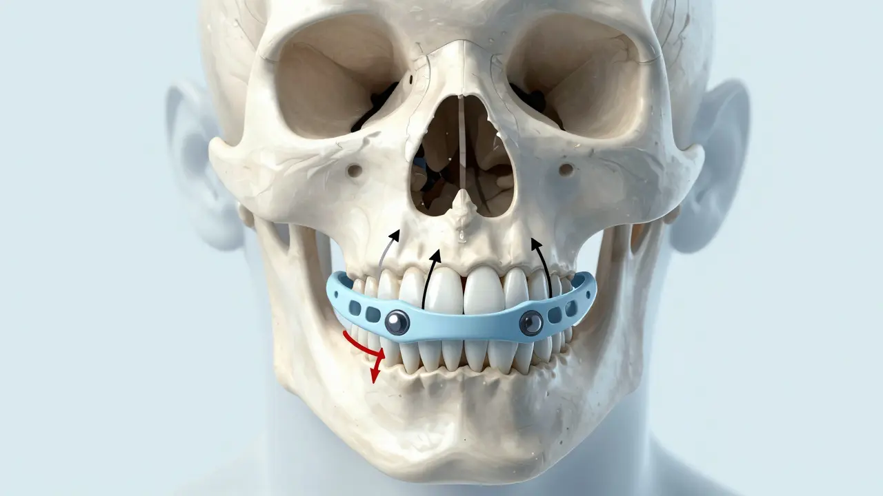 Průřez lebky s rozšiřováním horní čelisti ortodontickým zařízením