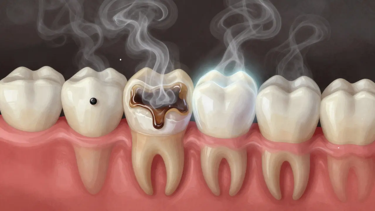 Průřez zubu s počínajícím kazem, který je obklopen kouřem a fluoridovou vrstvou, symbolizující obnovu.