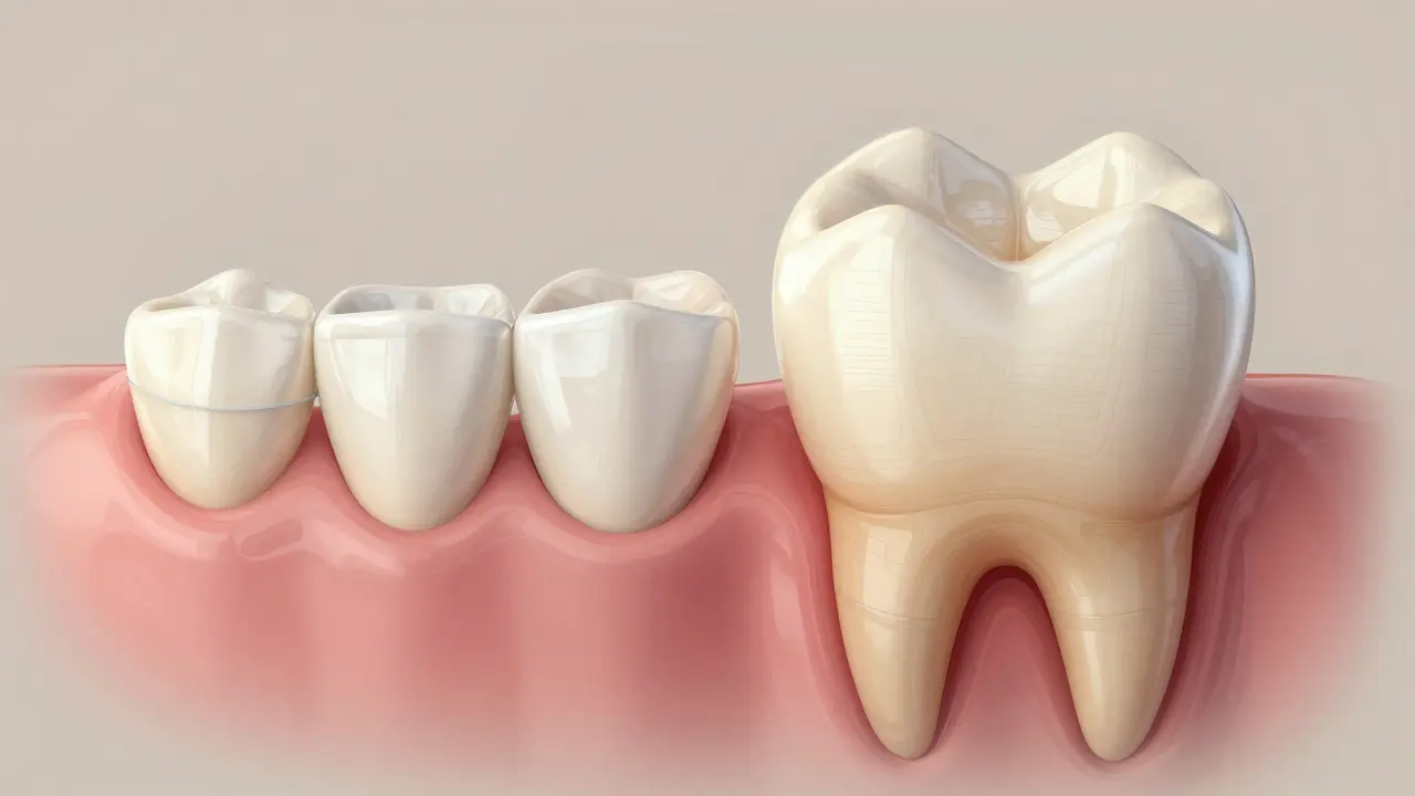 Side-by-side comparison of a veneered tooth and a crowned tooth with anatomical details.