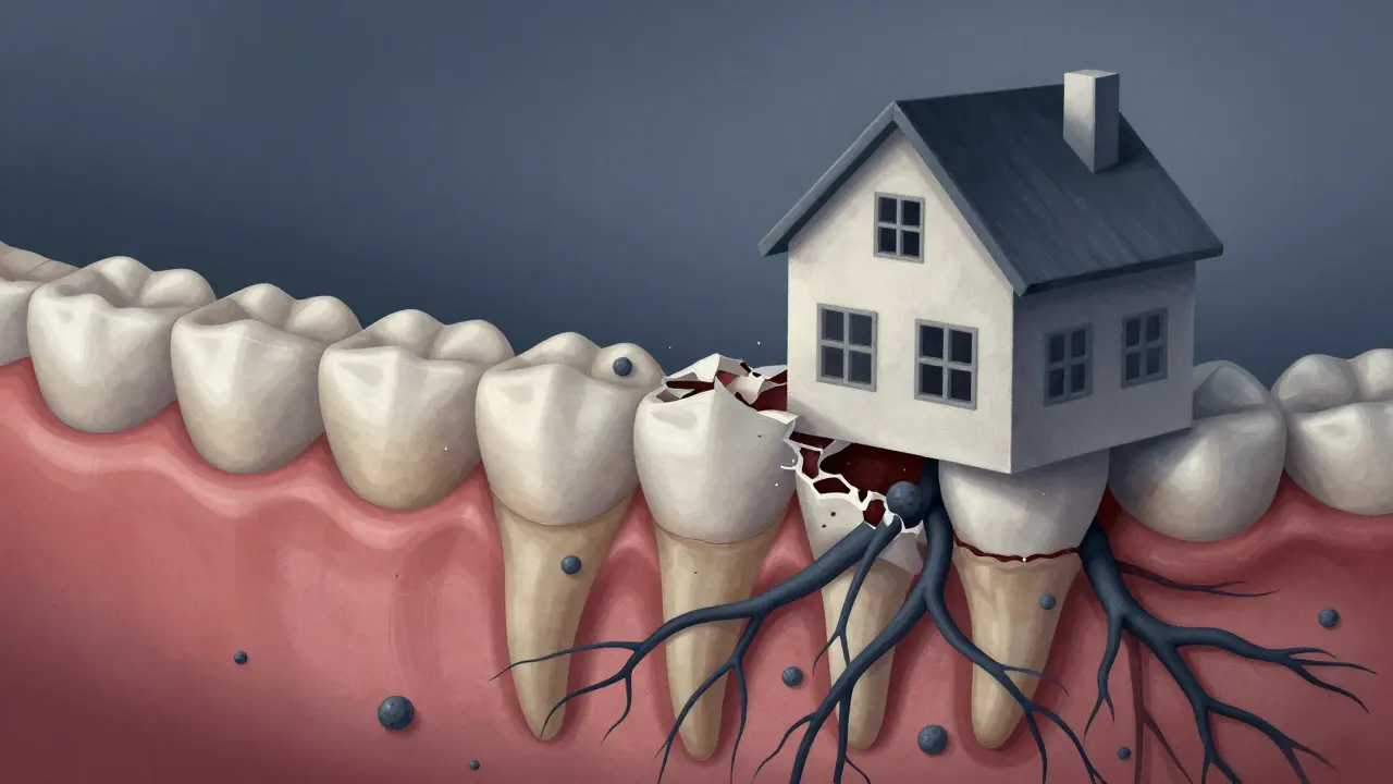 Skrytá destrukce kosti pod dásněmi, symbolizující ztrátu podpory zubů.