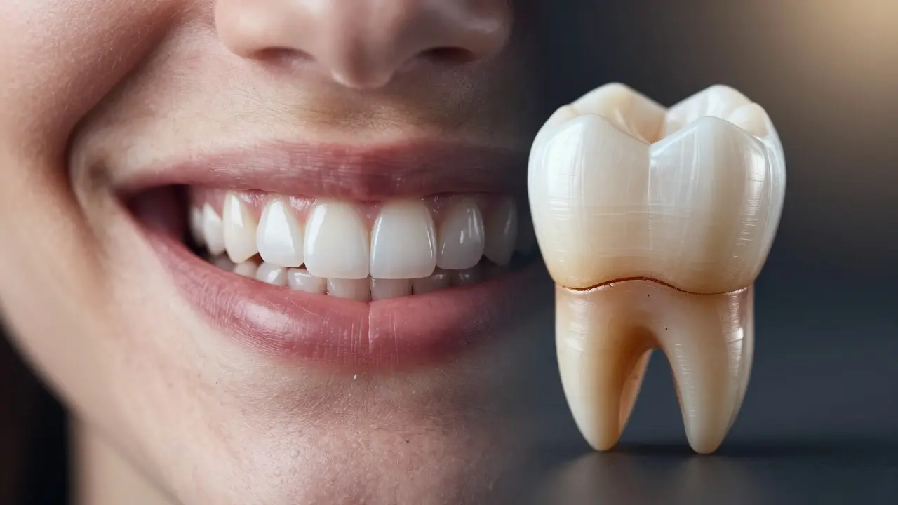 Split image showing aesthetic veneers versus protective crowns in symbolic lighting.
