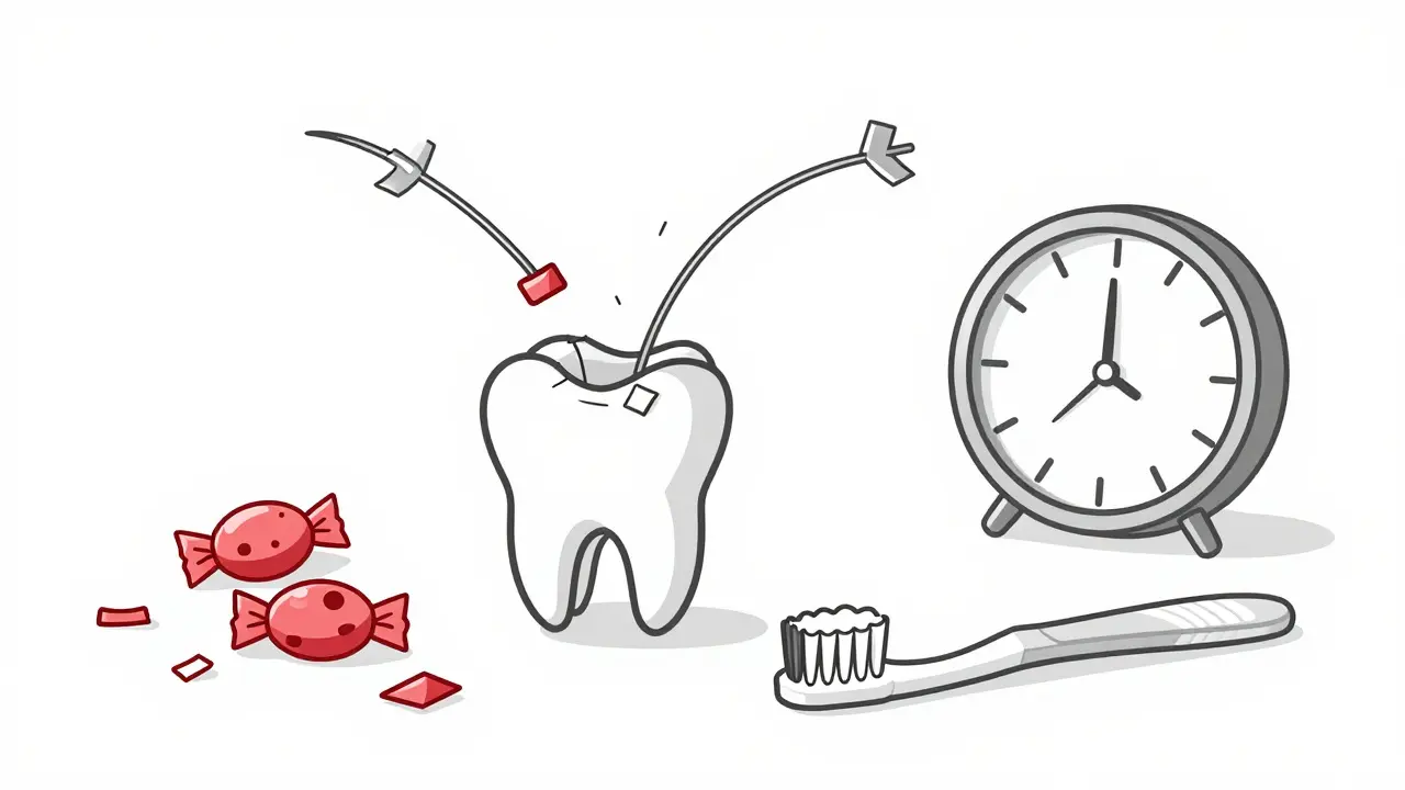 Symbolický obraz rozbitého drátu vedoucího k poškozenému zubu a sladkostem.