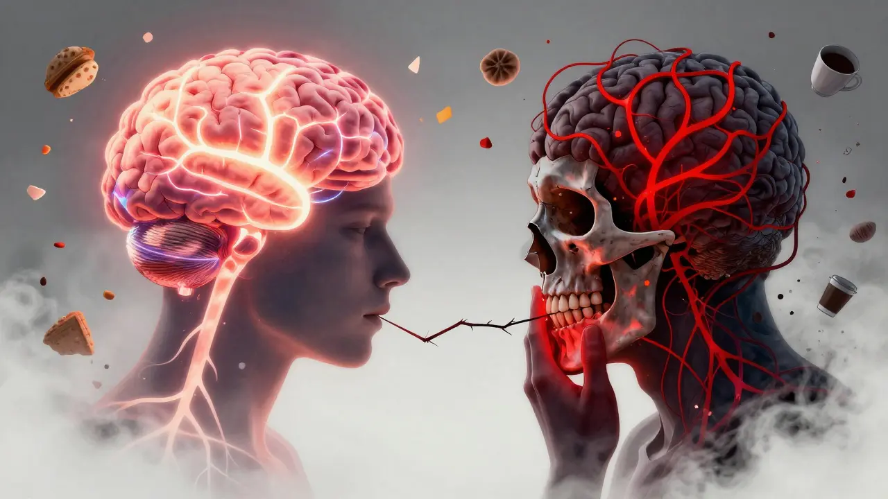 Umělecké znázornění mozku, kde bolest zubu ruší schopnost koncentrace a produktivity.